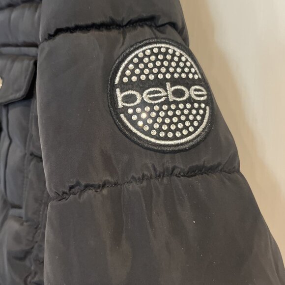 Y2K Bebe size S/P black cropped puffer jacket missing fur Rhinestone logo - Picture 4 of 15